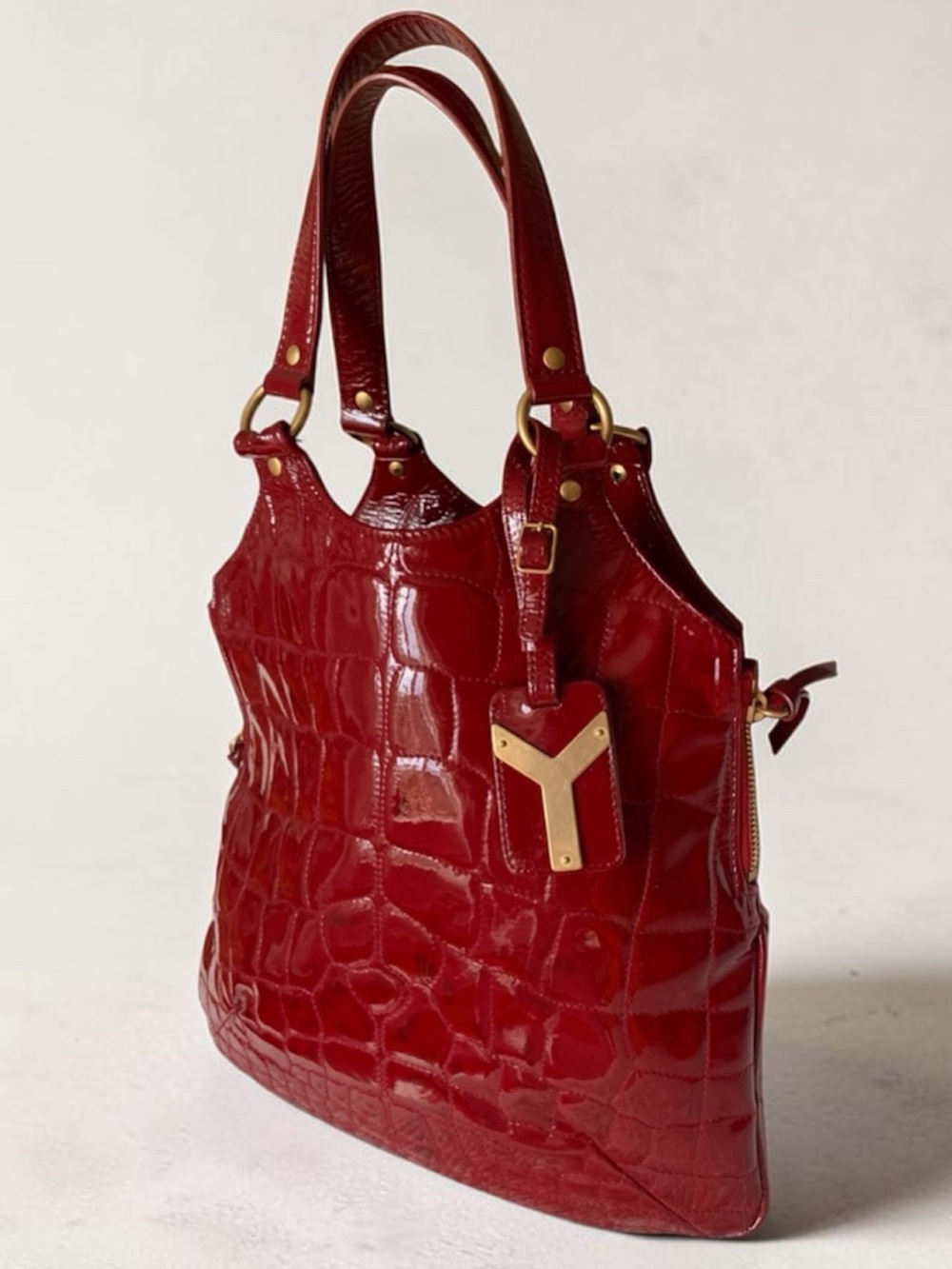 Yves Saint Laurent Red Patent Croc Shoulder Bag with Gold Y Tag